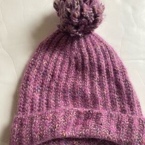 J.Crew Lavender Purple Marl wool nylon silk knit Pom Pom beanie hat EUC